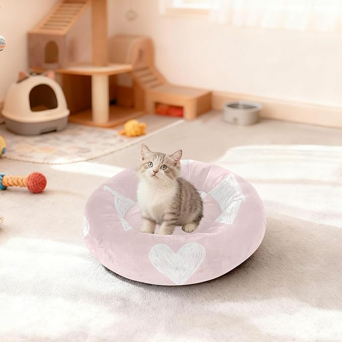 Valentine's Day Pink Heart Donut Pet Bed, Fluffy Cat Bed for Cats for Medium Sized Pets, Dog Supplies and Furniture
