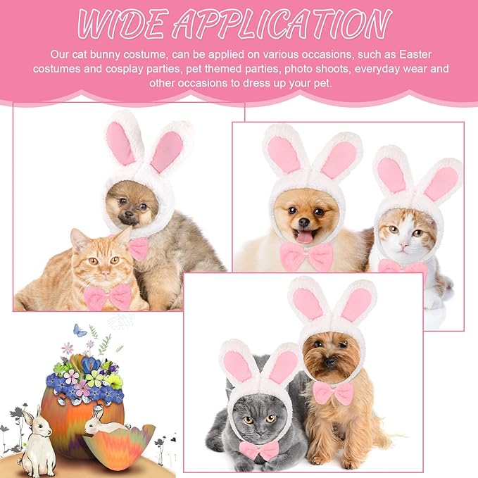 6 Pieces Easter Cute Costume Bunny Rabbit Hat with Ears Cat Bowtie Collar Tail for Cats and Small Dogs Party Costume Easter Pet Accessory Headwear