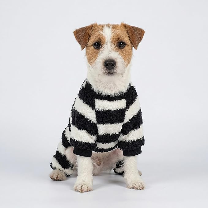 Fitwarm Fuzzy Striped Dog Pajamas, Winter Clothes for Small Dogs Girl Boy, Fleece Dog Onesie, Soft Pet PJS, Doggy Apparel, Black, White, XXL