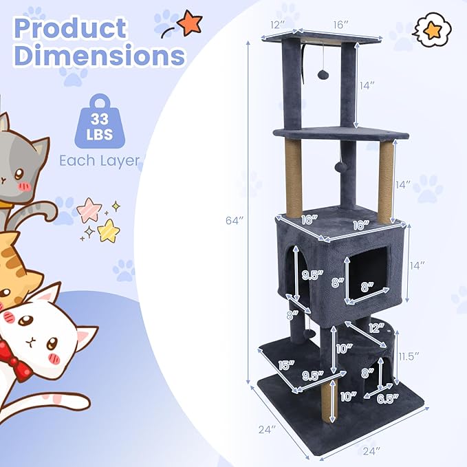 Tangkula 64 Inch Tall Cat Tree, Multi-Level Cat Tower with 2 Large Condos, Jute Scratching Posts, Plush Top Perch, Dangling Toys, Cat Climbing Furniture for Indoor Adult Cats & Kittens (Dark Gray)
