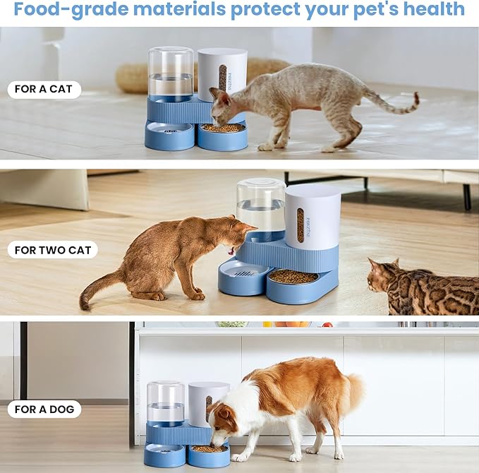 2 Pack Automatic Cat Feeder Stainless Steel Water Dispenser Gravity Food Feeder and Waterer Set with Pet Food Bowl for Small Medium Kitten Puppy Pets Large Capacity(Blue)