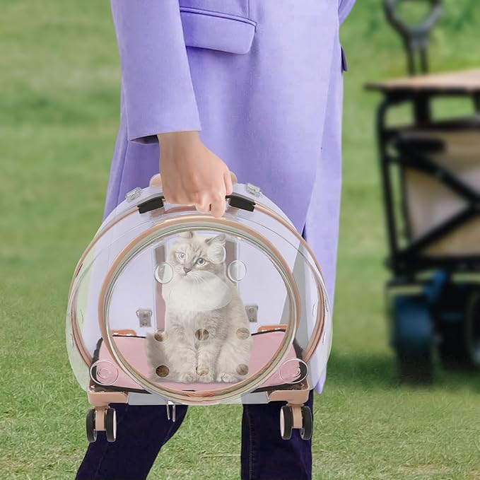 Pet Carrier with Wheels, Transparent Hard Breathable Pet Carrier with Ventilation Holes Telescopic Handle Multiple Carrying Strollers for Cats Dogs (Pink)