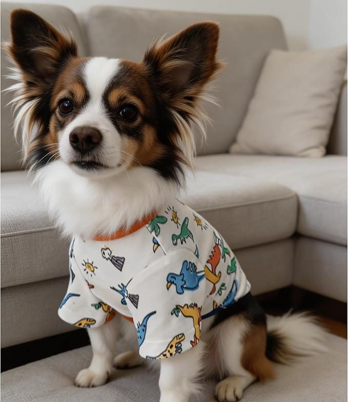 Cute Dog Shirt, Stretchy Dino Doggie T-Shirt Clothes for Small Dogs, Soft Pet Tee Outfit Cat Apparel for Daily Wear, Cozy Pullover Design Puppy Apperal (Dino Cartoon, Medium Size for 5.5-8.5lb Pets)