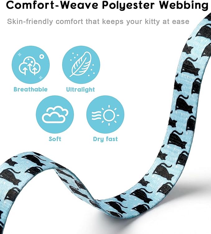 Halypet Cat Harness and Leash Set, Escape Proof 3-in-1 Adjustable Harness for Cats & Kitten, Soft Lightweight, Easy On & Control for Walking, Travel & Outdoor Use, Light Blue Kitty, Medium