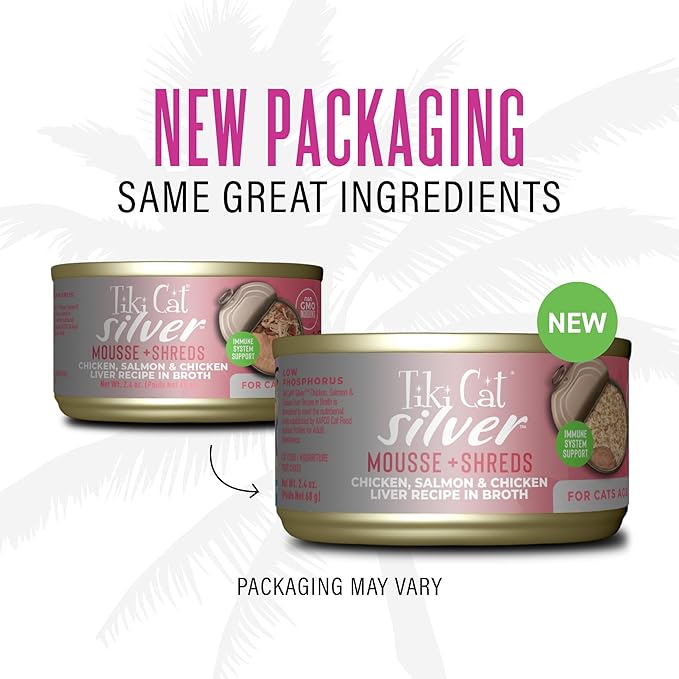 Tiki Cat Silver Wet Cat Food for Senior Cats, Chicken, Salmon & Chicken Liver Mousse & Shreds, 2.4 oz. Cans (12 Count)