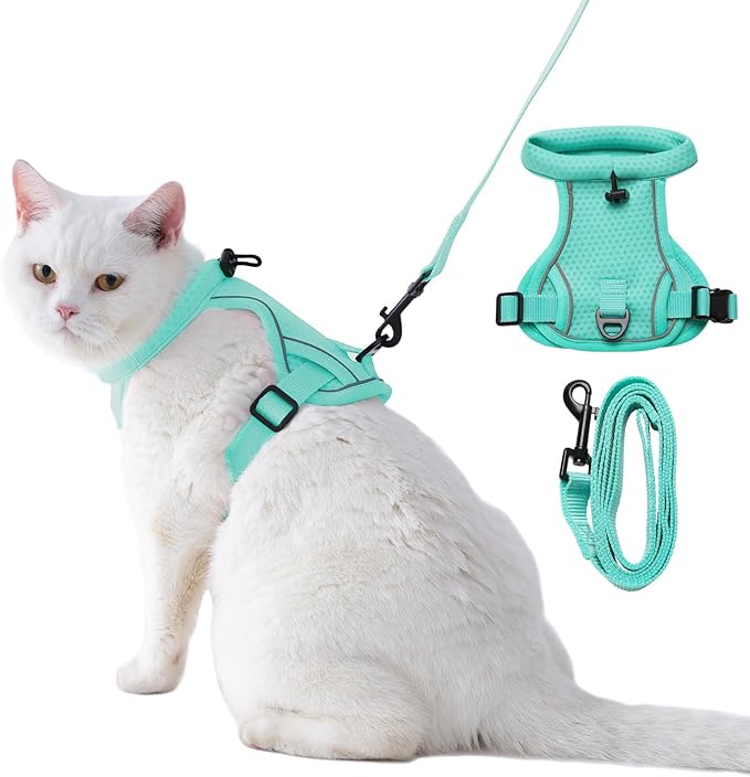 Dotoner Escape Proof Cat Harness and Leash Set Adjustable Soft Mesh Vest for Walking Safe Travel Vet Visit with Reflective Strips for Cats and Kittens(Turquoise-L)