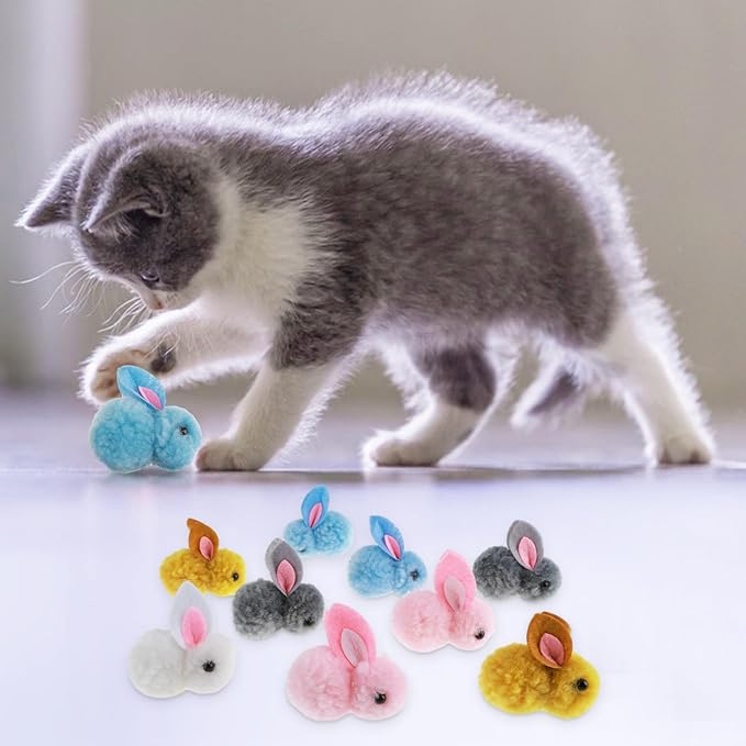 10Pcs Cat Toy Balls, Cute Bunny Shape Pompom Ball 5.5Cm/2.16In Soft Kitten Puff Toys for Pet Indoor Cat Play Training Fetching