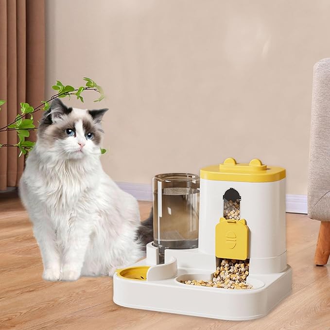 Automatic Pet Feeder and Waterer, 2-in-1 Food and Water Dispenser for Cats, Kittens, Small Medium Dogs, Yellow
