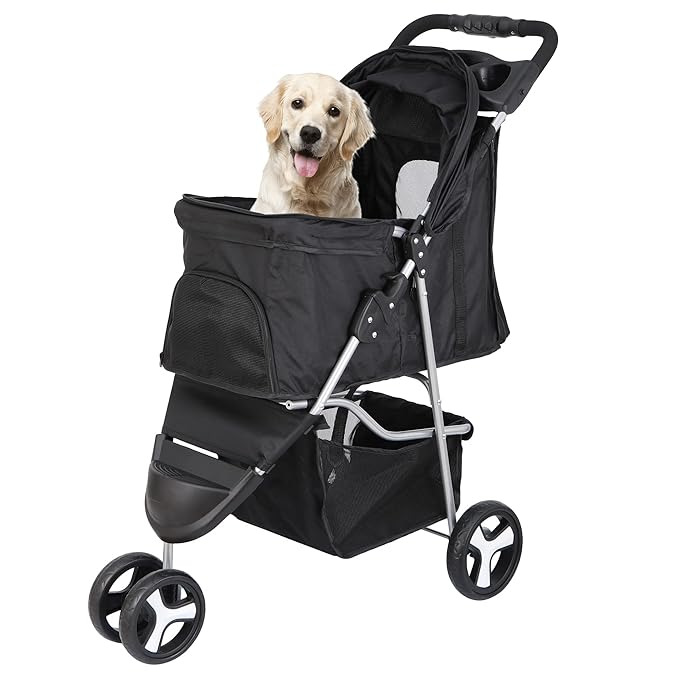 JungleA Foldable Pet Stroller for Cats Dogs,3 Wheel Pet Cage Jogger Cart for Small to Medium Pets,Lightweight & Portable & Durable Pet Stroller with Weather Cover, Storage Basket and Cup Holder
