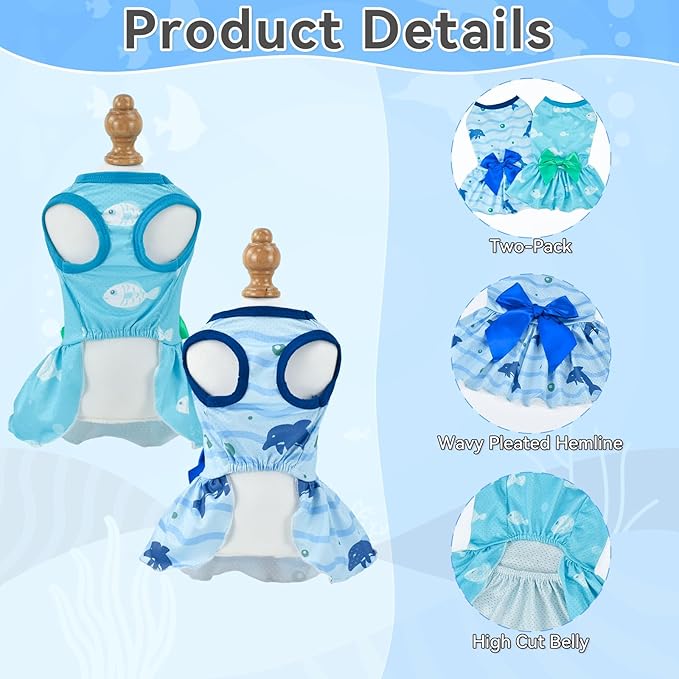 2-Pack Dog Summer Dress Breathable Puppy Cat Dresses with Bowknot Pet Summer Cool Outfits Skirts with Sea Fish Dolphin Patterns for Small Medium Dogs M