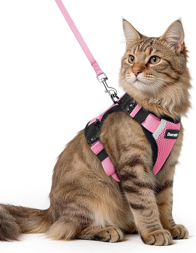 Dooradar Cat Harness and Leash Set, Escape Proof Soft with 3 Adjustable Buckles, Comfortable Vest Easy to Wear Kitten Harness with Reflective Strip, Safe for Outdoor Walking, Pink, M