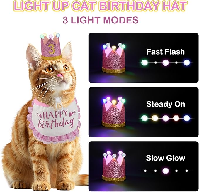 Cat Birthday Hat with Bandana, Light Up Party Outfit, Pink