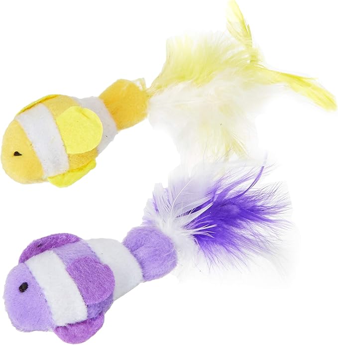 4.5 Inch Catnip Clown Fish with Feather Tails, Colors Vary (Two Fish)