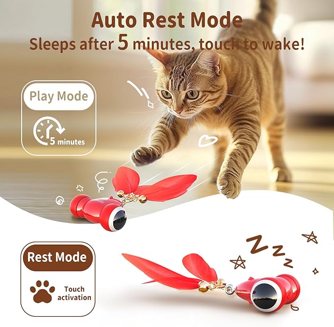 KiTiFISH 【2025 Upgrade】 Interactive Cat Toy, Automatic Cat Toy with Motion Activation, USB Rechargeable, Fast Rolling on Thin Carpet, Fun Exercise Toy for Indoor Cats, Durable Feather Tail and Bell