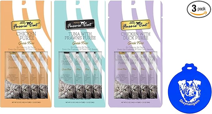 Fussie Cat Puree Grain Free Treat in 3 Flavors: (1) Tuna with Prawns, (1) Chicken with Duck and (1) Chicken (3 Four-Tube Packs, 12 Tubes Total, .5 Ounce per Tube) Plus Silicone Lid