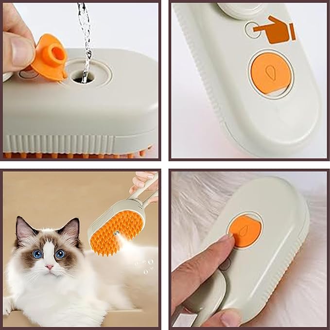4 in 1 Cat Steam Brush, Pet Hair Cleaning Comb for Shedding & Grooming, Water Sprayer for Long & Short Haired Pets, Silicone Massage Brush for Cat & Dog, Tangled & Hair Loss Remover