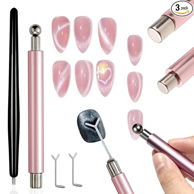 2 Pcs Cat Eye Magnets For Nails, Pink Double-Side Cylinder Nail Magnet With Big Bead Magnet And Black Point Magnet Pen For Cat Eye Gel Polish, Multi-Functional Cateye Magnets For Nails