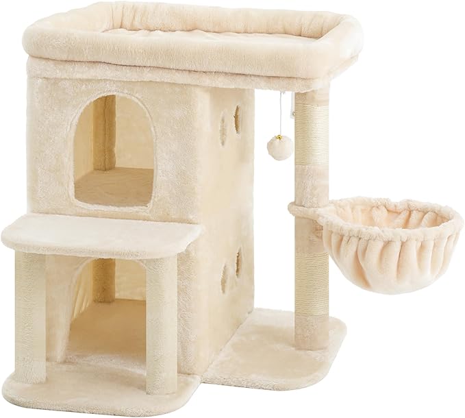Heybly Cat Tree, 26.3-inch Cat Tower with Spacious Top Perch for Large Cats, Stair-Style Cat House Furniture with Dual-Layer Condos, Sisal Scratching Posts, Cozy Basket & Pompom, Beige HCT204SM