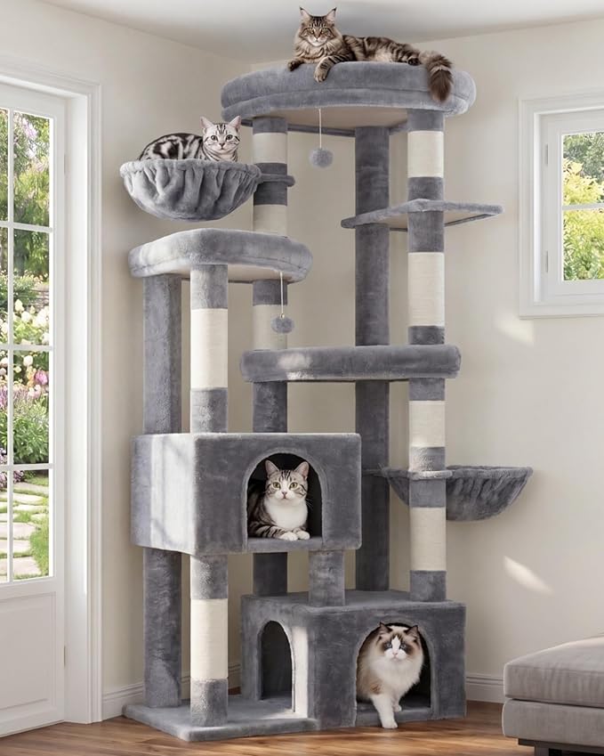 Hey-brother Cat Tree, 67.3 Inches Tower with 3 Soft Platform Beds, 2 Large Condos, 9 Sisal Scratching Posts, 2 Hammocks and Toys, Multi-Level Step House for Multiple Indoor Kittens, Light Gray MPJ084W