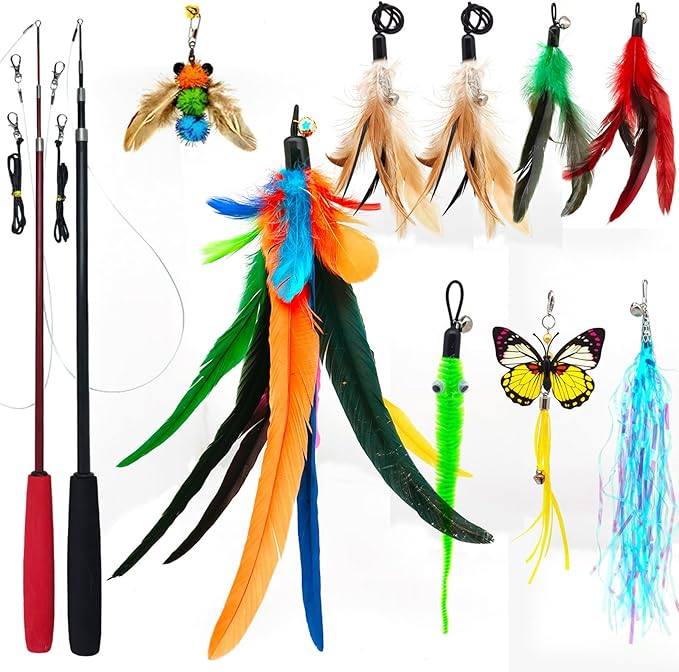 miwoowim Cat Toys Interactive for Indoor Cats, 2PCS Ultra-Long Teaser(50"+38")+9PCS Da Bird Feather Refills, Fishing Pole Toy,Retractable Cat Wand Toy and Feather Toys Refills Attachment Replacement