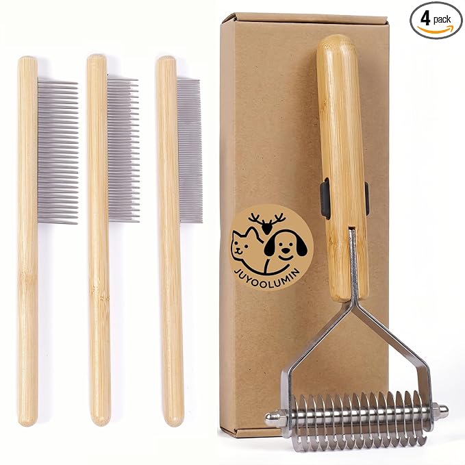 Bamboo Pet Grooming Kit for Medium to Long Haired Dogs & Cats, 4-in-1 Dematting Comb Set with Undercoat Rake, Fine/Wide & Long/Short Tooth Combs, Gentle Deshedding Tools for Indoor Pets