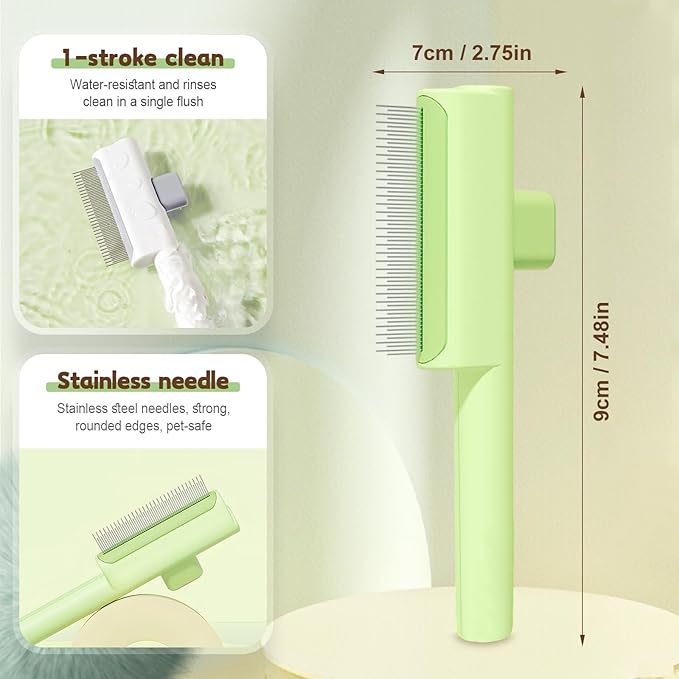 Pet Hair Removal Comb Flea Comb, 2025 Upgrade Cat Grooming Brush, Cat Brush with Release Button, De-Shedding Hair, Dog Grooming Supplies, Fine-Tooth Massage (White+Green)