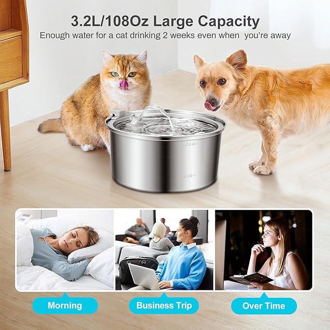 Pssopp 3.2L Automatic Circulating Pet Water Feeder, Low Noise Easy to Cleanup Stainless Steel Cat Water Fountain for Pet Watering Supplies