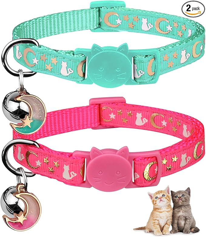 Baeuppit 2PCS Breakaway Cat Collars with Bell Cute Kitty Glow in The Dark Adjustable Kitten Collars 7.9-13.0 Inch(Teal&Pink)