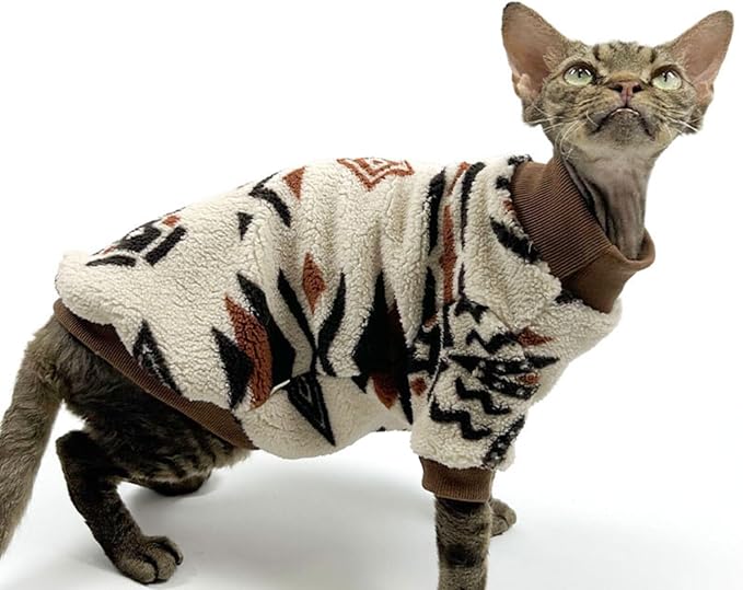 Cat Festive Sweater Pullover, Classic Soft Warm Christmas Clothes for Hairless Sphynx, Devon & All Indoor Kittens (Geometric,M)