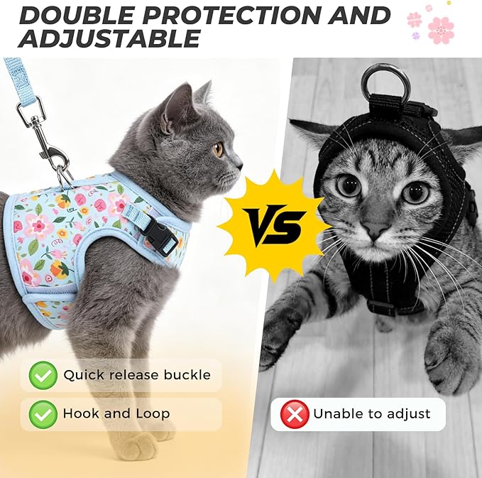BINGPET Cat Harness and Leash Set Escape Proof for Walking,Step-in Harness with Lightweight Soft Breathable Mesh,Adjustable Easy Control Harness for Kitten Puppy Small Medium Large Cats(Flower,L)