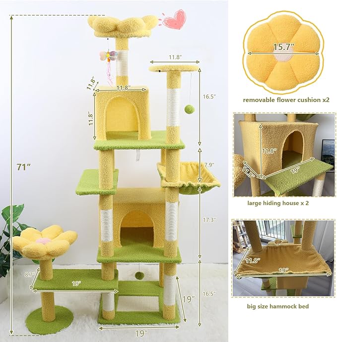 Flower Cat Tree 71 Inches，Large Cat Tower with 2 Detachable Flower Cushions and 2 Hiding Condo, Tall and Big Cat Tree with Hammock Bed, Interactive Toys and Scratching Posts for Indoor Cats (Yellow)