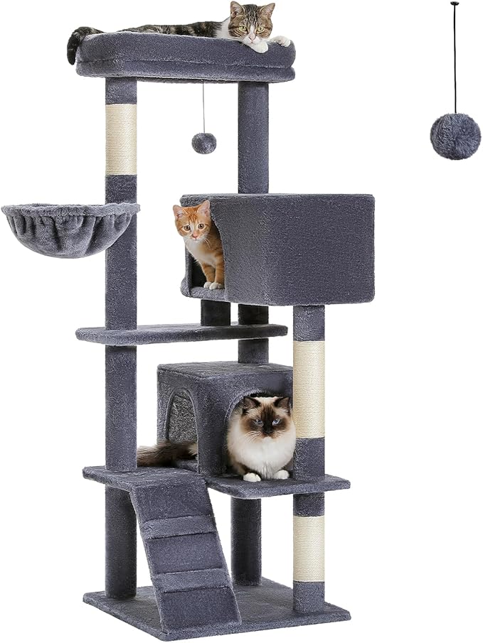 MUTTROS Cat Tree for Large Cats Adult with Super Large Top Perch, 56.3" Tower with Plush Hammock, Shelves and Dangling Pompom, Scratching Posts and 2 Condos House, Dark Gray