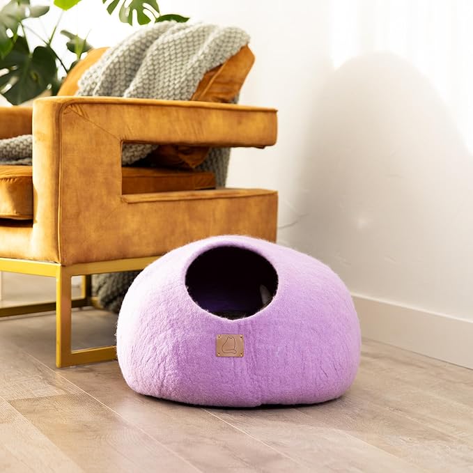 Best Aesthetic Cat Bed - Premium Felted Wool Cat Cave Bed - Cozy Peekaboo Round Cave for Large or Small Cats (Large, Lilac Purple)