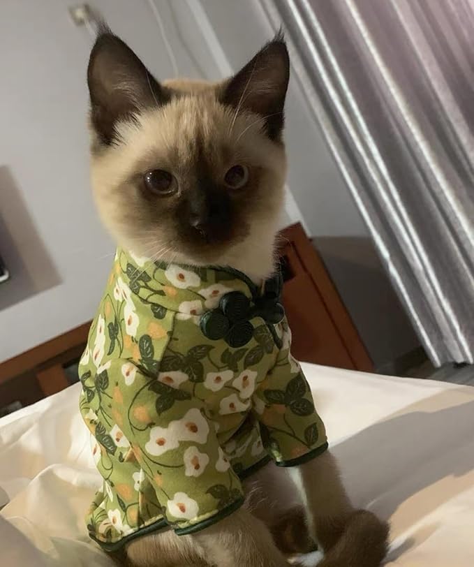 Traditional Culture Sphynx Hairless Cat Cotton T-Shirts Cat Clothes Pet Sweater Cat Vest Pet Clothes Kitten Shirts Cats & Small Dogs Apparel (White Petunia Chi-Pao, XXL (13-15 lbs))