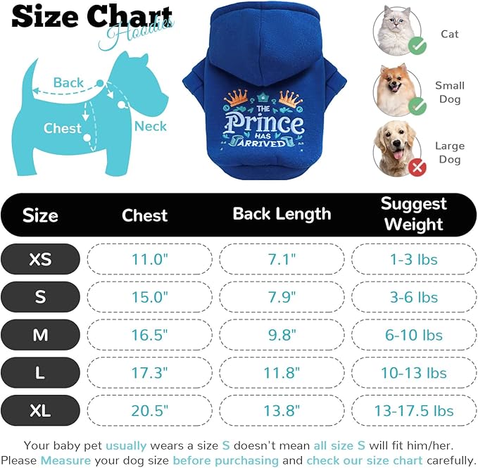 ABRRLO Small Dog Hoodie Clothes Cute Blue Prince Fleece Dog Sweater for Small Dogs Cats Boy Warm Puppy Sweatshirt with Leash D Ring Fall Winter XS Pet Doggy Outfit Chihuahua Yorkie Shihtzu(Blue,L)