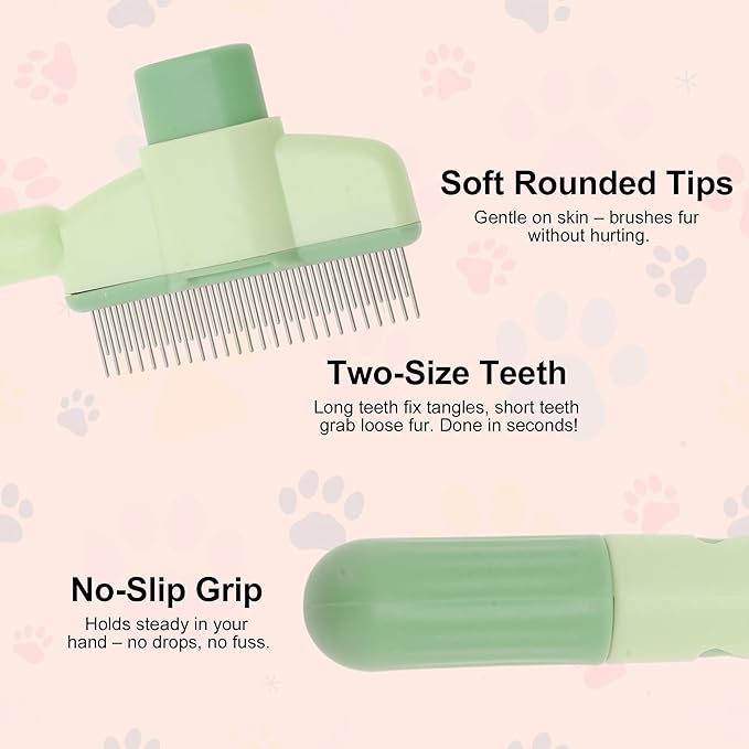 Cat Comb, Pet Hair Removal, Flea Exit, Grooming Brush with Release Button, De-Shedding Brush for Short and Long Hair Green