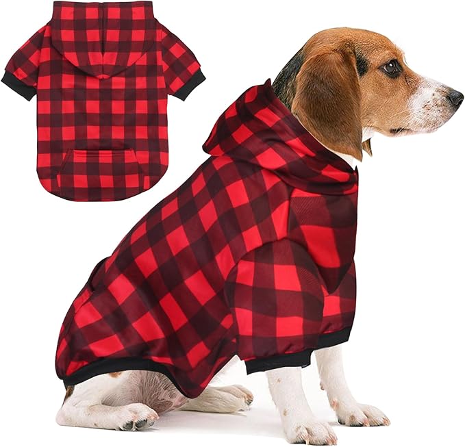 Plaid Dog Sweaters Hoodies Sweatshirts for Dogs Cats, Warm and Soft Cold Weater Coats for Christmas (Red, Medium/Large)