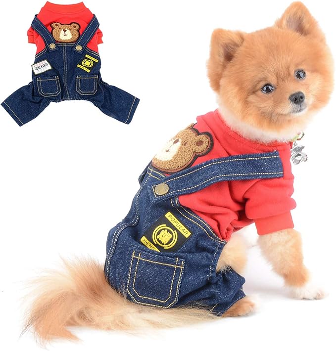 Dog Outfits for Small Dogs Boy Girl Spring Shirts Denim Bib Pants 2 Pockets Jumpsuits One Piece Apparel for Cats Puppies Chihuahua Clothes Adorable Overall for Medium Pet 4 Legs Autumn Red XL