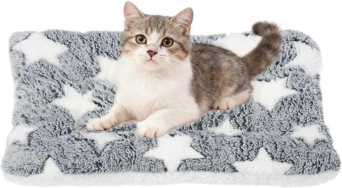 Dog Cat Bed Mat, Soft Coral Fleece Pet Cushion Pad with Cute Star Print, Warm Washable Pet Bed 13x10 Inches, (Gray White), Intended for Medium Small Dog Cat