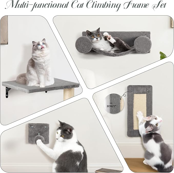 NUNU LAB 5-in-1 Cat Wall Shelves, Wall Mounted Cat Furniture Set, Cats Wall Furniture, Wall Cats Climbing, Cat Wall Bed, with Hammock, Shelves, House, Steps, Scratcher (C-KM062)