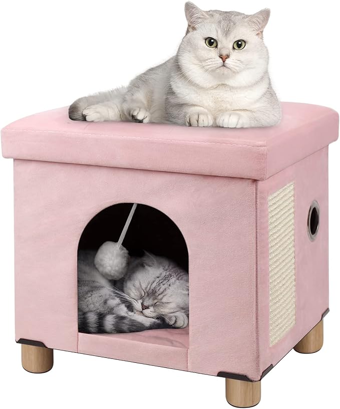 BRIAN & DANY Cat Beds for Indoor Cats,Cat Cave House for Kitten with Scratch Board & Ball,14.5X 12.5X 14.1 inches, Pink