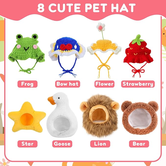 8 Pcs Cat Costume Hats, Cat Costume Halloween Bear Hat Outfit with Ears, Lion Pet Hat, Funny Pet Hats for Kitten and Small Dogs Puppy Party Christmas Easter Accessory Headwear