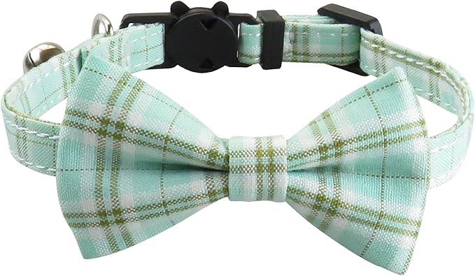 Cat Collar with Bow Tie and Bell, Breakaway Plaid Bowtie Cat Collar for Kitty, Cats, Puppy and Kittens, Blue