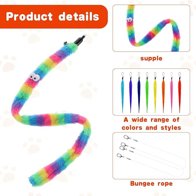 Cat Worm Toy, 12 PCS Cat Wand Toy Accessories Including Worm & Snake Refills Set, 2PCS Replacement String for Cats Fishing Pole Toys, Assorted Feather Toys Attachments Teaser for Indoor Cats Kitten