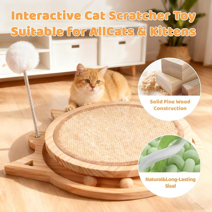 Sisal Cat Scratcher with Ball Track and Spring Toy 3 in 1 Wooden Interactive Cat Toys Cat Scratchers for Indoor Cats and Kitty