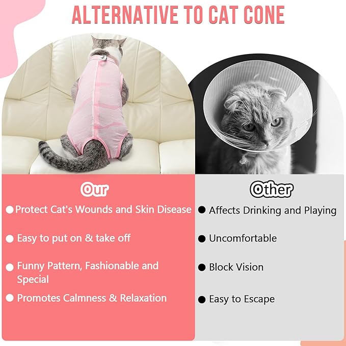 SlowTon Cat Recovery Suit - Cat Onesie for Cats After Surgery Female Male, Kitten Clothes Cats Surgical Spay Suit Abdominal Wounds, E-Collar Alternative Bodysuit Anti-Licking (Light Pink, L)