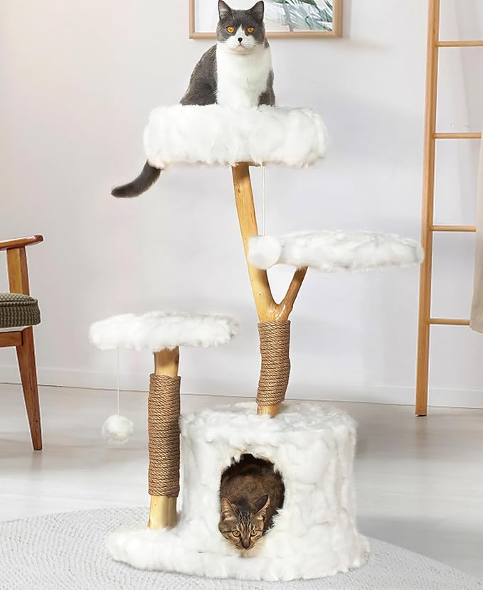 Cloud Cat Tree Aesthetic, Natural Wood Branch Cat Tree Tower with Large Condo, Soft Perches, Kitten Scratching Posts, Cat-Approved Modern Luxury Cat Tower, White