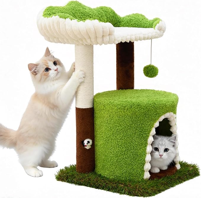Woochpet Multi-Level Cat Tree with Sisal Scratching Post, Small Cat Tower with Cozy Condo, Soft Top Perch and Interactive Toy Mouse, Cute Forest Design Cat Furniture for Indoor Cats and Kittens