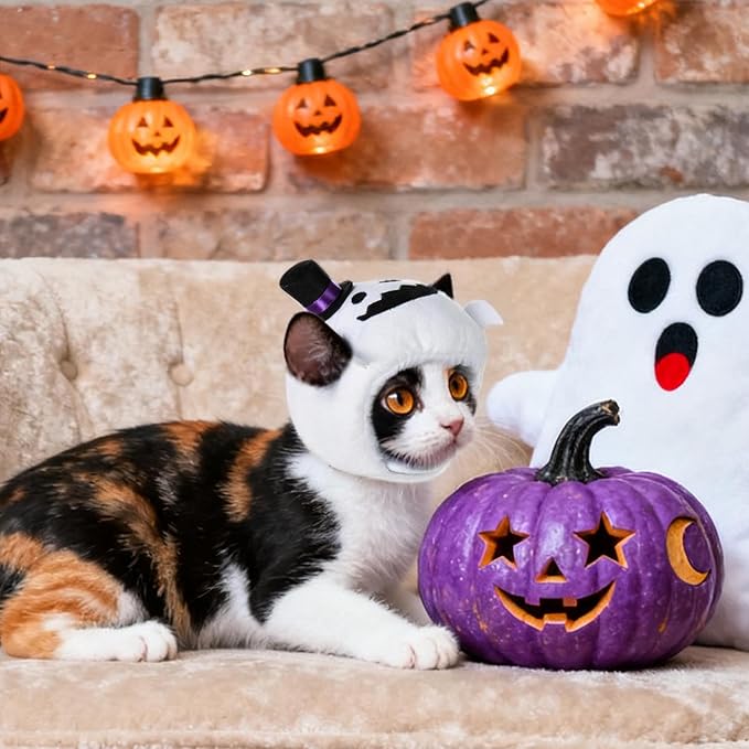 Cat Halloween Costumes Halloween Ghost Hat for Dogs Cats Adjustable Cute White Ghost Cap with Hat Festival Pet Head Dress Up Accessories for Halloween Puppy Kitten Cosplay Costume Gifts