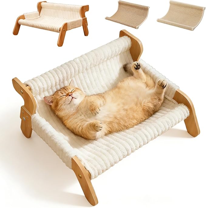 3-in-1 Elevated Cat Couch Bed for Indoor Cats– Wooden Pet Sofa with Removable Plush Cover, Sisal Scratcher & Rattan Mat – Raised Kitty Lounge Chair for Indoor Cats and Small Dogs